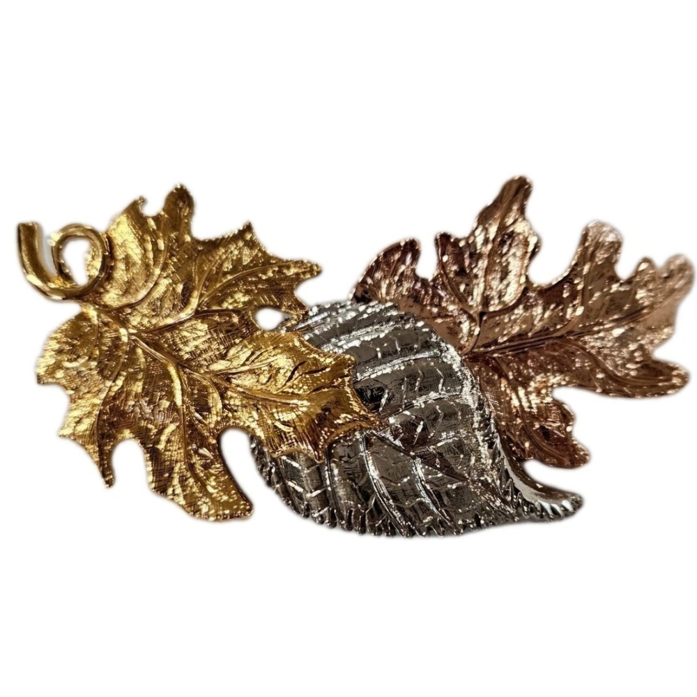 Vintage Gold Rose & Silver Tone Leaf Brooch Fall Foliage Lapel Pin Leaves Broach